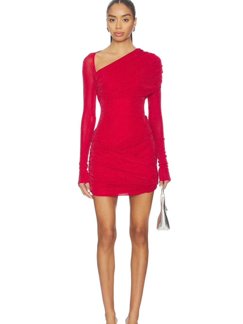 Revolve Lovers + Friends Red One-Shoulder Long-Sleeve Ruched Mini Dress